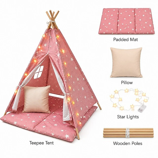 Children's Cotton Tent GINGER HOME Little Stars, Tipi, Pink with Stars, 100% Cotton, with Soft Pad with Filling, Pillow and LED Lights, 120x120x160 cm