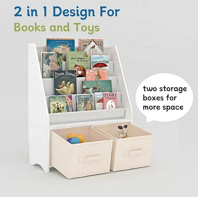 Children's Wooden Organizer with Bookshelf and Toy Storage Boxes