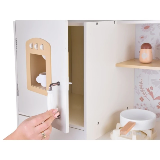 Детска Дървена Кухня GINGER HOME – Винтидж Модел с Електронни Котлони, Светлини, Звуци и Мивка с Течаща Вода, 91×31×90 см