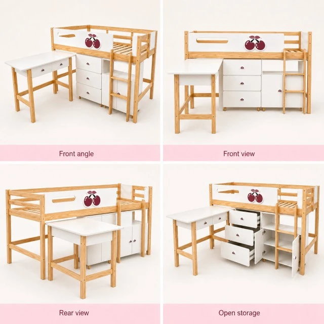 GINGER HOME CHERRY Children's Room Set with Combined Bed 90x200 cm, Desk, Chest of Drawers, Cabinet and Three-Wing Wardrobe, White, Pink and Natural Wood