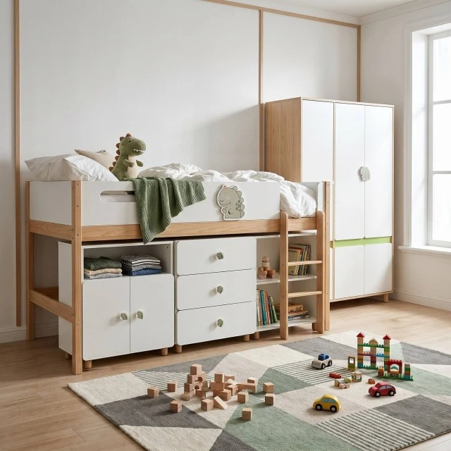 GINGER HOME DINO Children's Room Furniture Set with Combined Bed 90x200 cm, Wardrobe, Cabinets, Chest of Drawers, Shelves and Mattress Frame, White, Green and Natural Wood