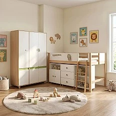 GINGER HOME DINO Children's Room Furniture Set with Combined Bed 90x200 cm, Wardrobe, Cabinets, Chest of Drawers, Shelves and Mattress Frame, White, Green and Natural Wood