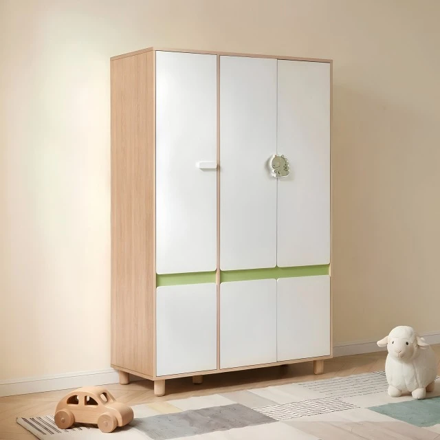 GINGER HOME DINO Children's Room Furniture Set with Combined Bed 90x200 cm, Wardrobe, Cabinets, Chest of Drawers, Shelves and Mattress Frame, White, Green and Natural Wood