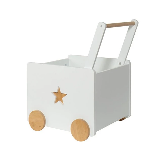Детска Кутия за Играчки GINGER HOME  с Колелца и Дръжка за Бутане, Дървена, Бяла, 38х45х54 см.