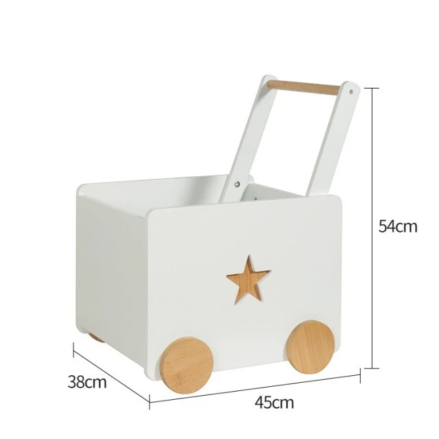 Детска Кутия за Играчки GINGER HOME  с Колелца и Дръжка за Бутане, Дървена, Бяла, 38х45х54 см.