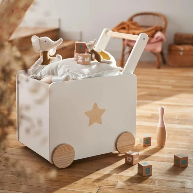 Детска Кутия за Играчки GINGER HOME  с Колелца и Дръжка за Бутане, Дървена, Бяла, 38х45х54 см.