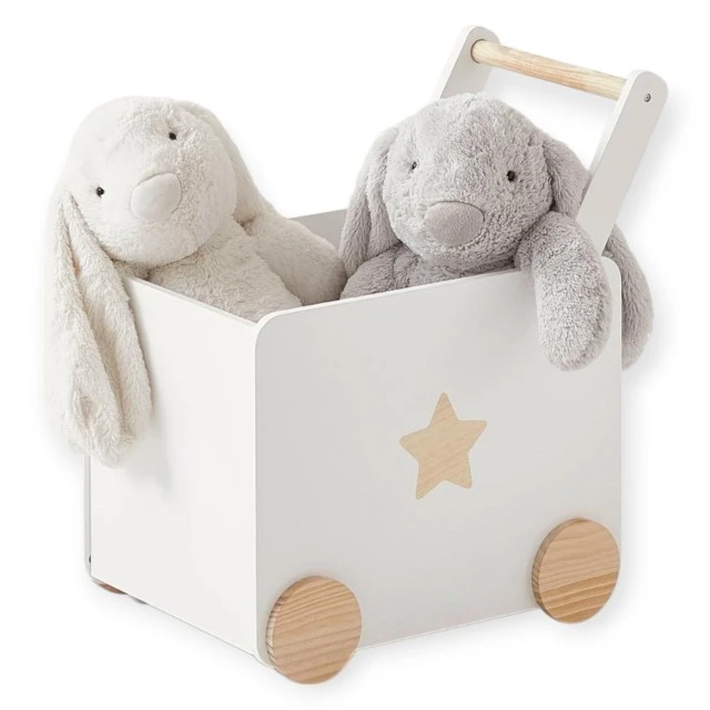 Детска Кутия за Играчки GINGER HOME  с Колелца и Дръжка за Бутане, Дървена, Бяла, 38х45х54 см.