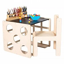 Montessori Set 2 in 1 GINGER HOME, Children's Table with Chair and Climbing Cube, Active Play Table, Natural Wood, 57x50x55 cm