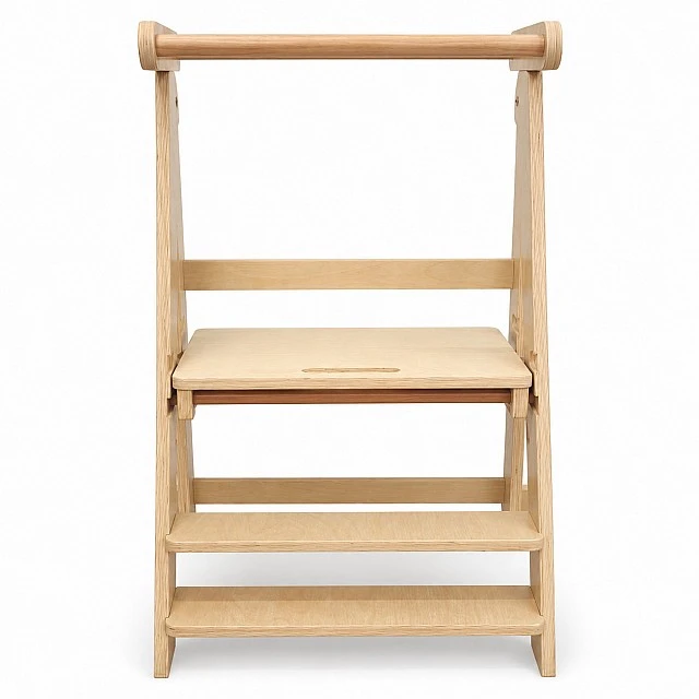 Монтесори Кула за Деца GINGER HOME, Сгъваемо Помощно Столче за Кухня, Learning Tower, Безопасна Детска Стълба, Масивно Натурално Дърво, 51x47x91.5 см