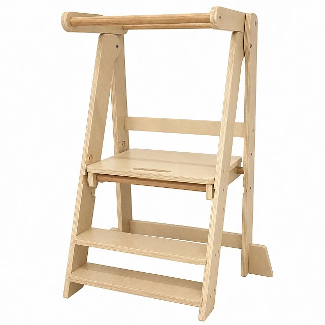Монтесори Кула за Деца GINGER HOME, Сгъваемо Помощно Столче за Кухня, Learning Tower, Безопасна Детска Стълба, Масивно Натурално Дърво, 51x47x91.5 см