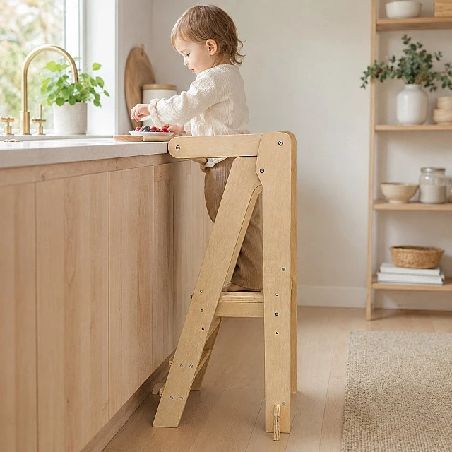 Монтесори Кула за Деца GINGER HOME, Сгъваемо Помощно Столче за Кухня, Learning Tower, Безопасна Детска Стълба, Масивно Натурално Дърво, 51x47x91.5 см