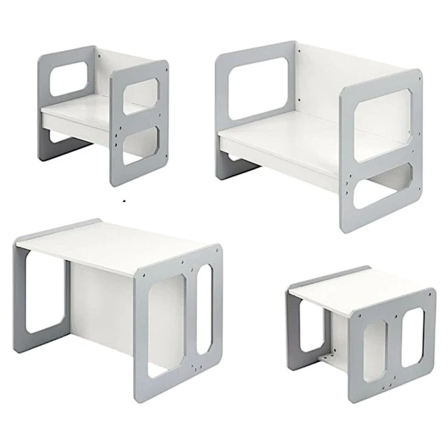 Montessori Children's Set 3 in 1 GINGER HOME, Table, Chair and Bench in White and Gray