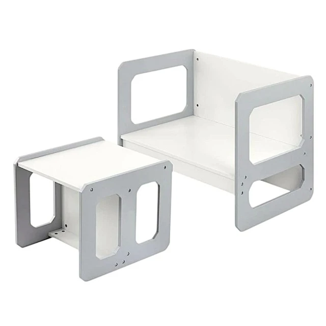 Montessori Children's Set 3 in 1 GINGER HOME, Table, Chair and Bench in White and Gray