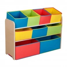 Children's Wooden Organizer, Shelf, Cabinet, Toy and Book Storage Section - 3 levels with 9 Textile Boxes - COLORS