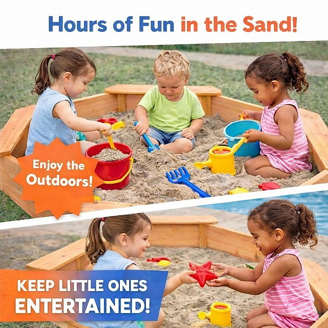 Children's wooden sandbox GINGER HOME – 8-sided model with 4 seats, 134.5×134.5 cm