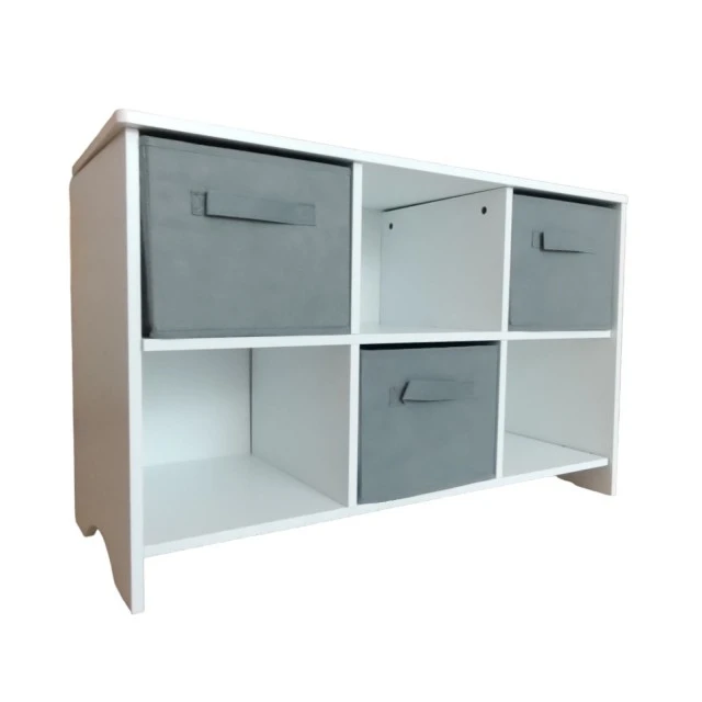 Дървен Скрин с 6 Текстилни Чекмеджета за Съхранение - WHITE/GREY