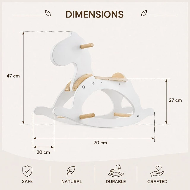 Children's Wooden Rocking Horse GINGER HOME, White, Solid Wood, 70x20x47 cm, Montessori Toy
