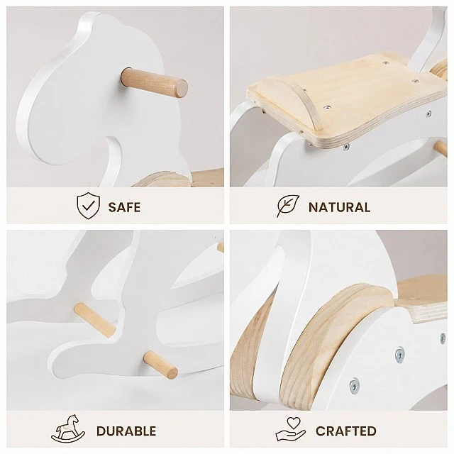 Children's Wooden Rocking Horse GINGER HOME, White, Solid Wood, 70x20x47 cm, Montessori Toy