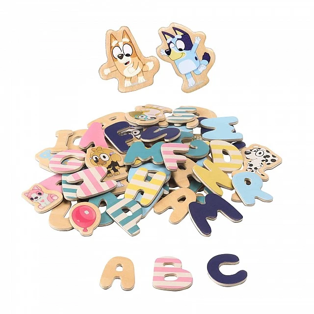 Set of wooden magnetic letters and figurines Blue 70 pieces