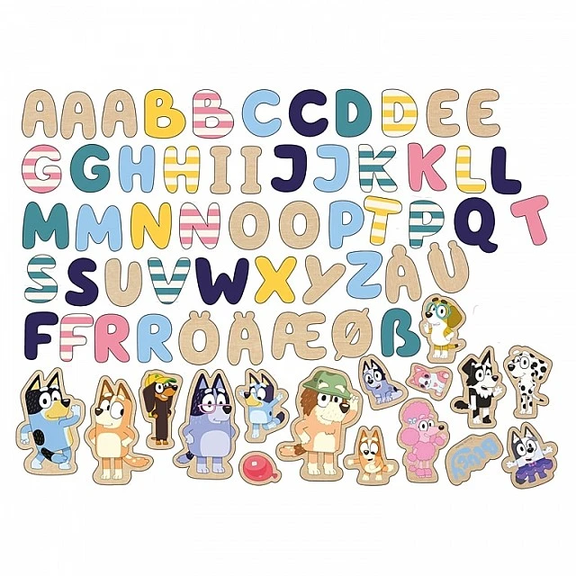 Set of wooden magnetic letters and figurines Blue 70 pieces