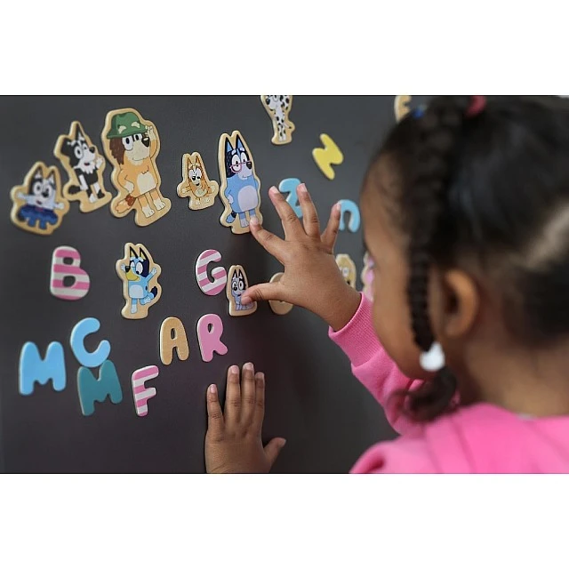 Set of wooden magnetic letters and figurines Blue 70 pieces