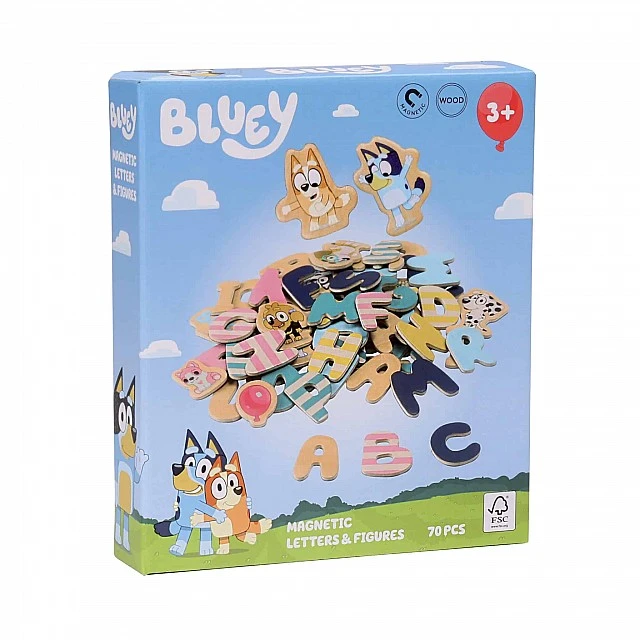 Set of wooden magnetic letters and figurines Blue 70 pieces