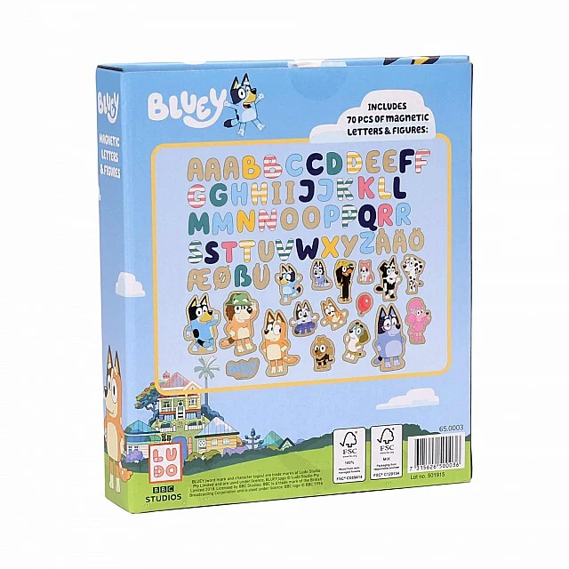 Set of wooden magnetic letters and figurines Blue 70 pieces