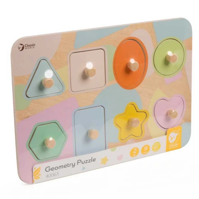 Wooden educational puzzle with 9 geometric elements Classic World