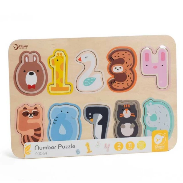 Classic World wooden puzzle with numbers and animals for early learning, 11 pieces