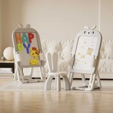 Children’s board 2 in 1 with 60-piece construction set and chair, Gray Bunny