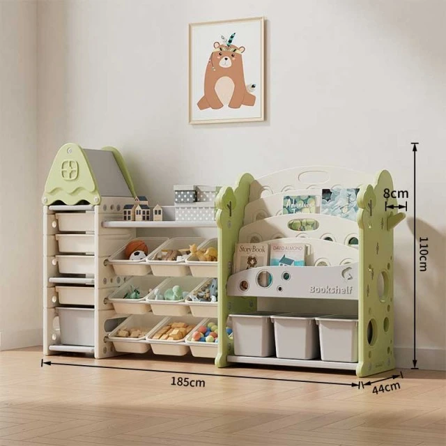Children's bookshelf-organizer for toys and books with 17 compartments and pull-out boxes, green
