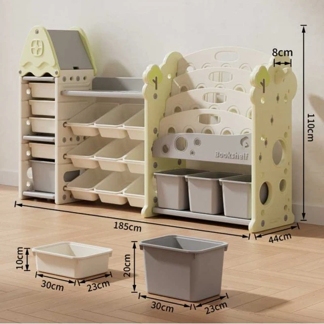 Children's bookshelf-organizer for toys and books with 17 compartments and pull-out boxes, green