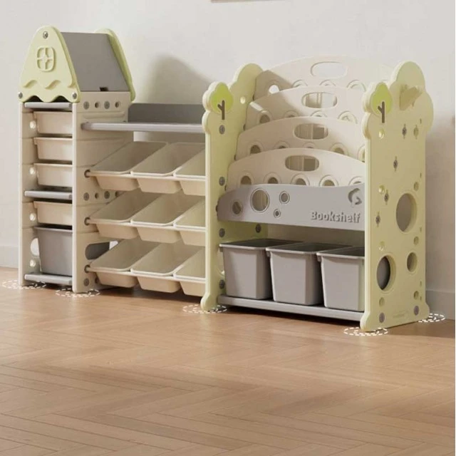 Children's bookshelf-organizer for toys and books with 17 compartments and pull-out boxes, green