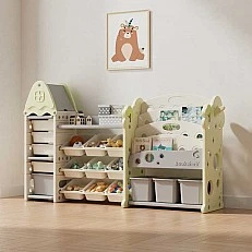Children's bookshelf-organizer for toys and books with 17 compartments and pull-out boxes, green