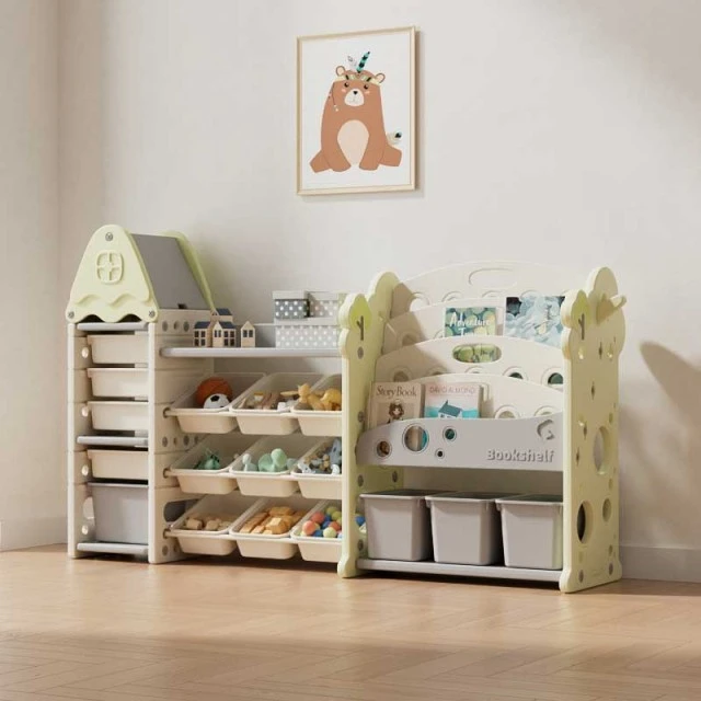 Children's bookshelf-organizer for toys and books with 17 compartments and pull-out boxes, green