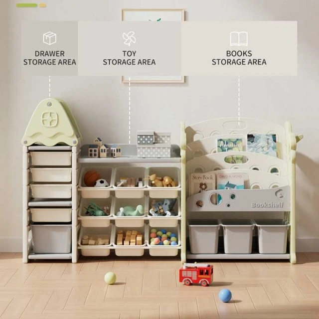 Children's bookshelf-organizer for toys and books with 17 compartments and pull-out boxes, green