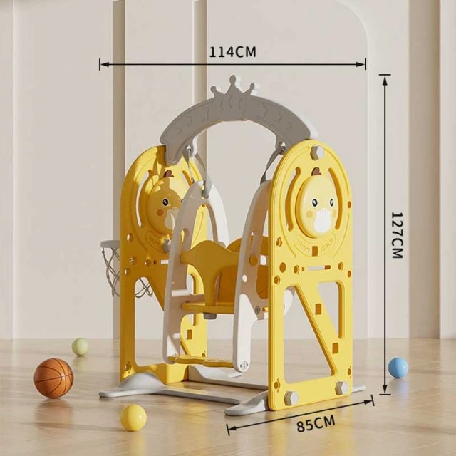 Children's swing with basketball hoop and interactive elements for indoor use, yellow