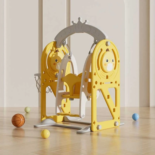 Children's swing with basketball hoop and interactive elements for indoor use, yellow