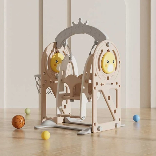 Children's swing with basketball hoop and interactive elements for indoor use, brown