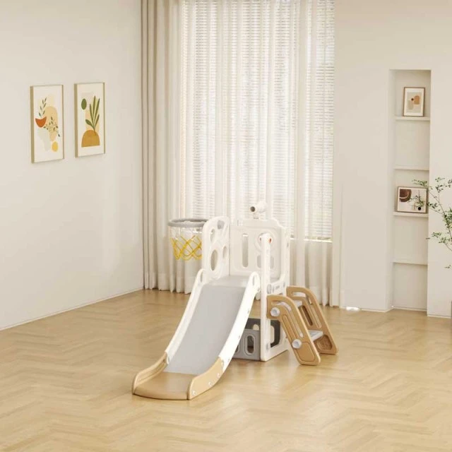 Children’s slide with telescope and basketball hoop - brown