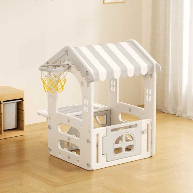 Children’s plastic house with basketball hoop and play table - gray