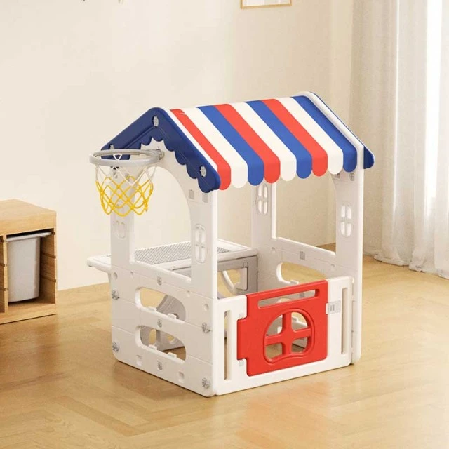 Children’s plastic house with basketball hoop and play table in sea colors