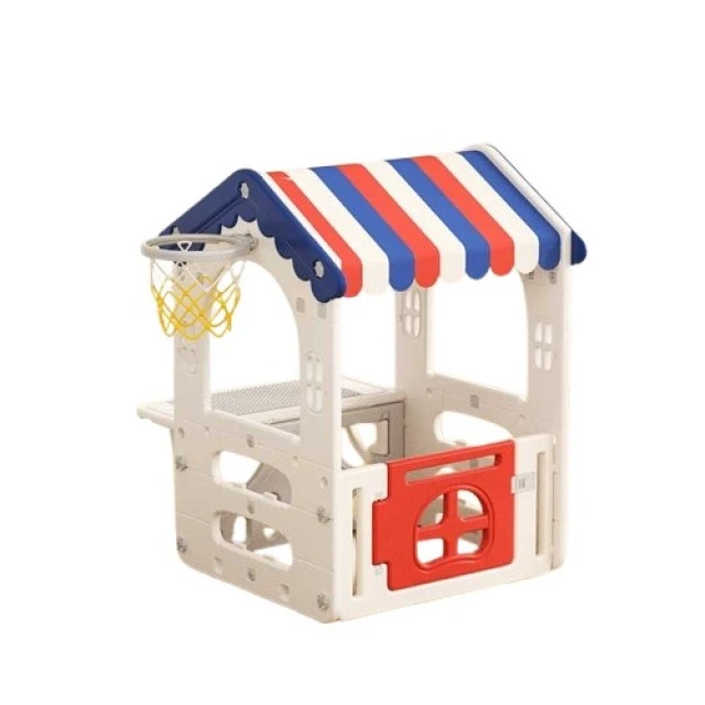 Children’s plastic house with basketball hoop and play table in sea colors