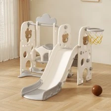 Детска пластмасова пързалка с люлка и баскетболен кош, Сиво мече