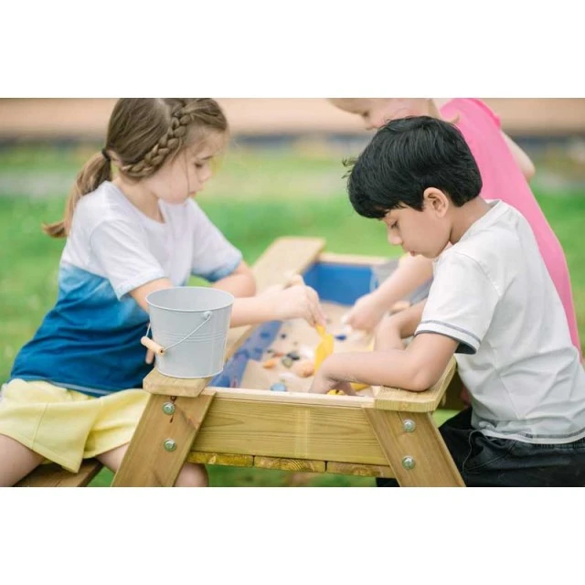Children’s wooden table and bench set for playing with sand and water