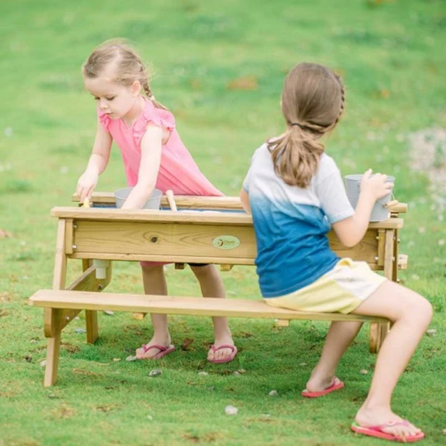 Children’s wooden table and bench set for playing with sand and water