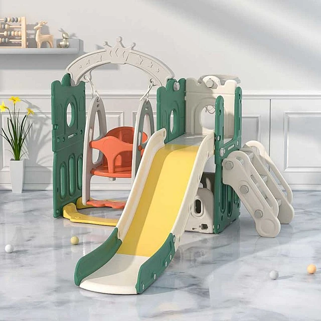 Children’s play set 2 in 1 Castle, slide and swing in green color