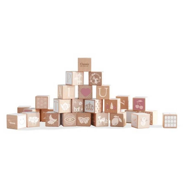 Children’s constructor of wooden blocks with different symbols