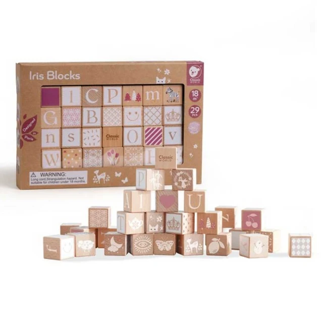 Children’s constructor of wooden blocks with different symbols