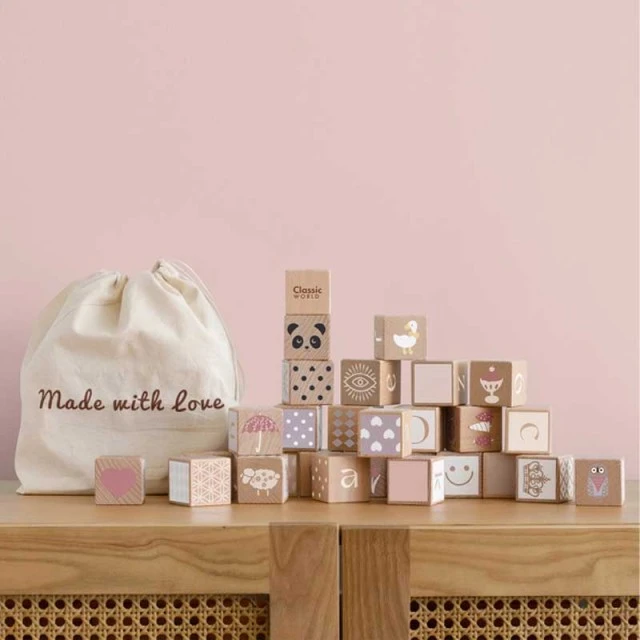 Children’s constructor of wooden blocks with different symbols